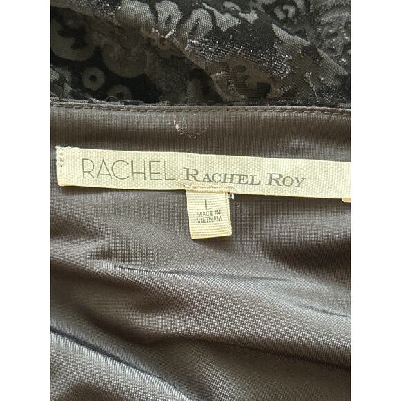 Rachel Roy Dress L Black Velvet Burnout Faux Wrap Asymmetrical Zip High Low Hem - Picture 9 of 16